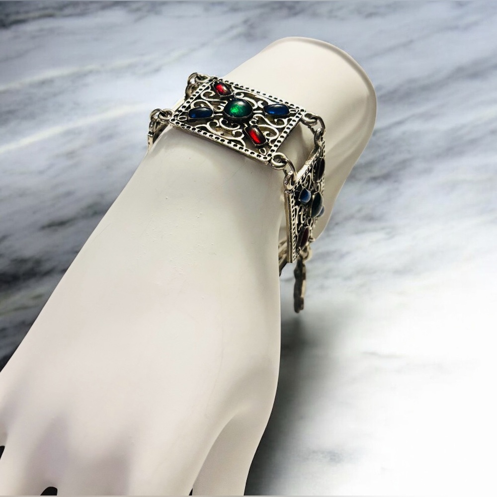 Souvenir Du Maroc Silver tone Colorful Link Bracelet w/Hamsa Hand
